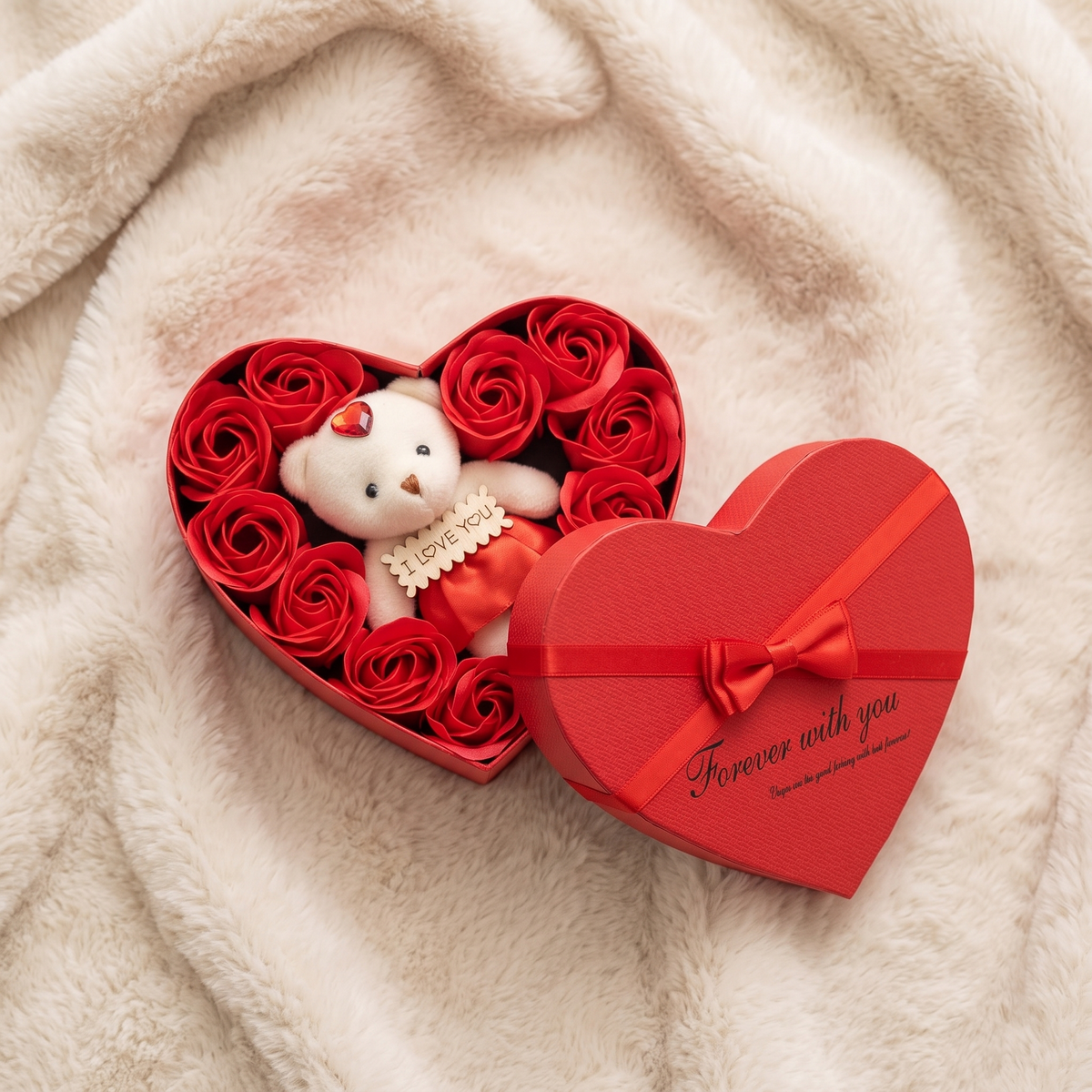 Seifenrosen Geschenkbox mit Teddybär Kuscheltier Herz - Detailansicht Material