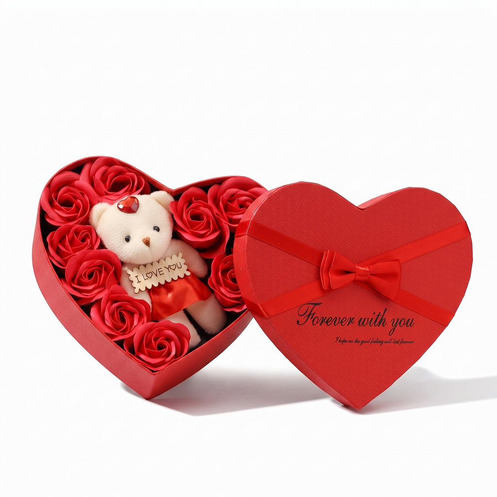 Seifenrosen Geschenkbox mit Teddybär Kuscheltier Herz - Frontalansicht auf weißem Hintergrund