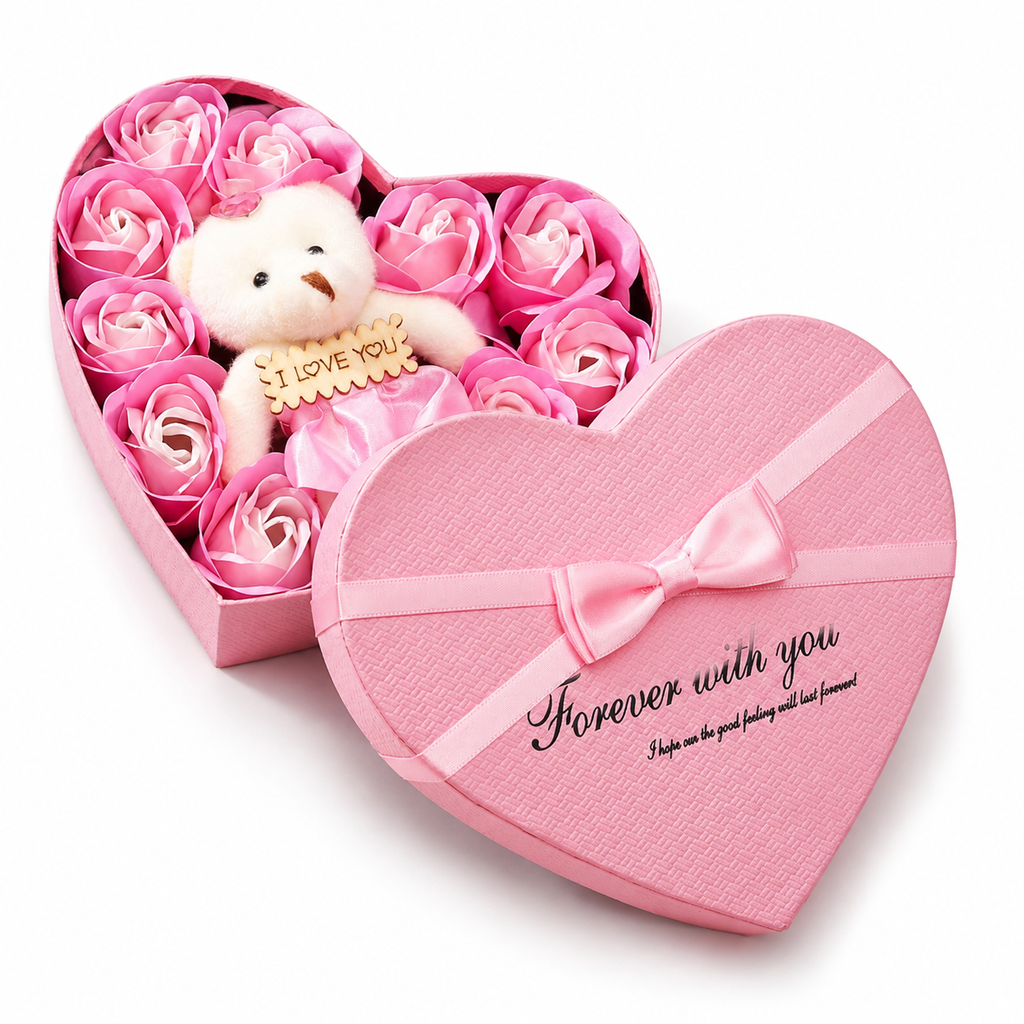 Seifenrosen Geschenkbox mit Teddybär Kuscheltier Herz - Rosa