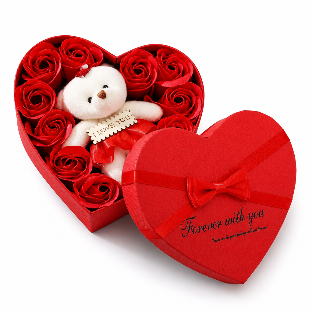 Seifenrosen Geschenkbox mit Teddybär Kuscheltier Herz - Rot