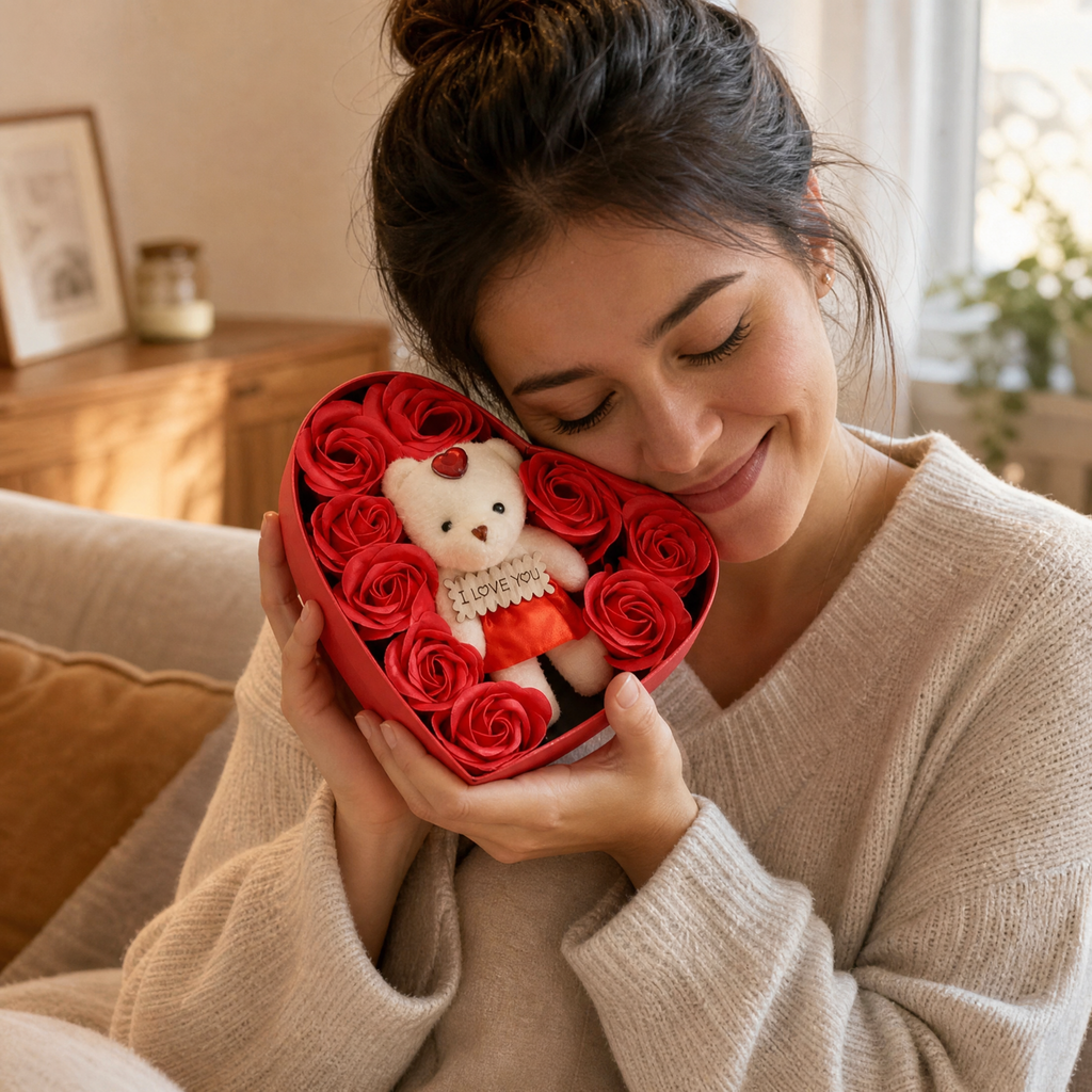 Seifenrosen Geschenkbox mit Teddybär Kuscheltier Herz - Verwendung gemütlich zu Hause