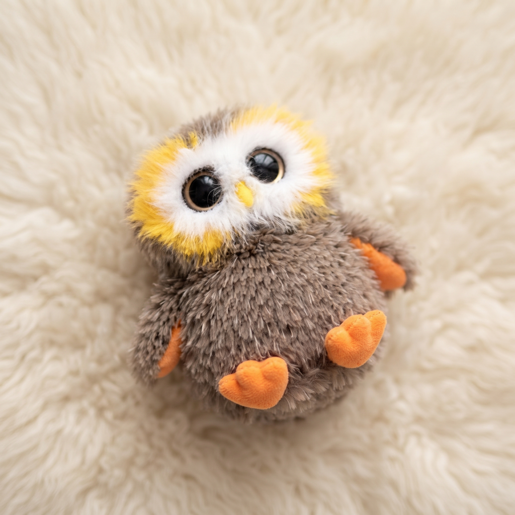 Flauschiges Eulen Kuscheltier mit großen Augen - Detailansicht Material