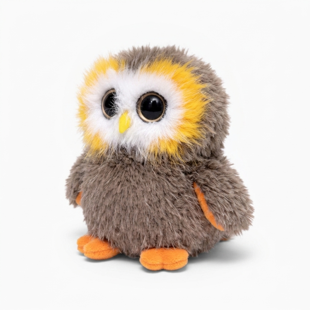 Flauschiges Eulen Kuscheltier mit großen Augen - Weißer Hintergrund seitlich