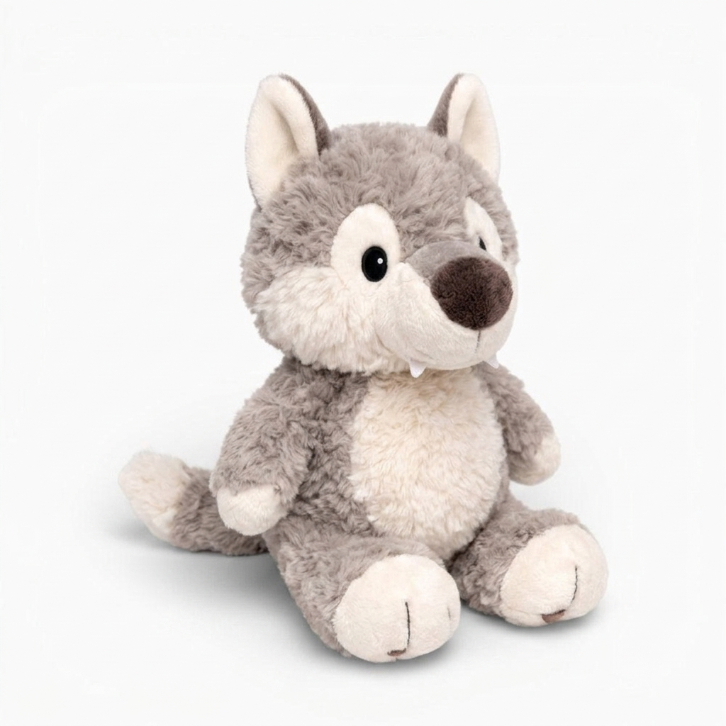 Grauer Wolf Kuscheltier für Kinder sitzend - Weißer Hintergrund Seitenansicht