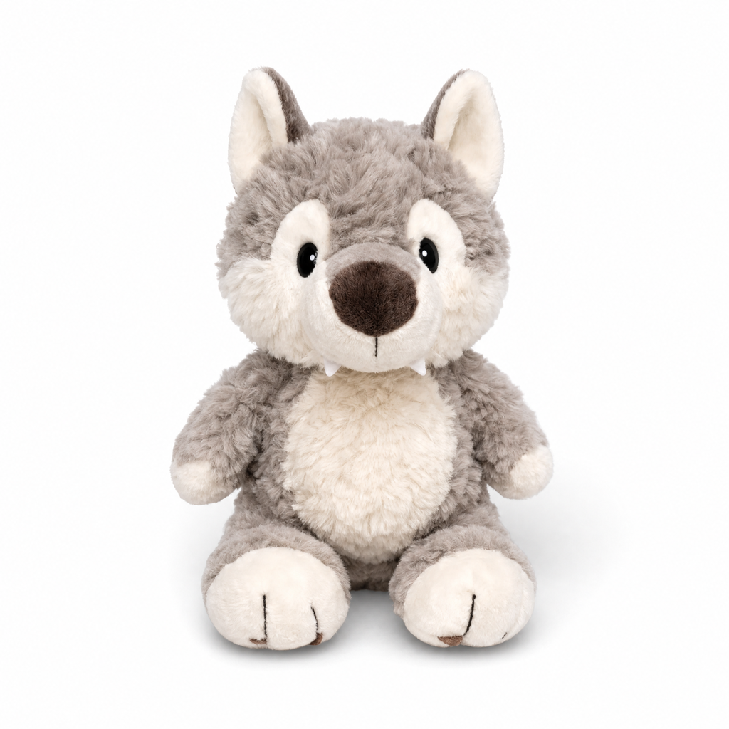 Grauer Wolf Kuscheltier für Kinder sitzend - Weißer Hintergrund Frontal