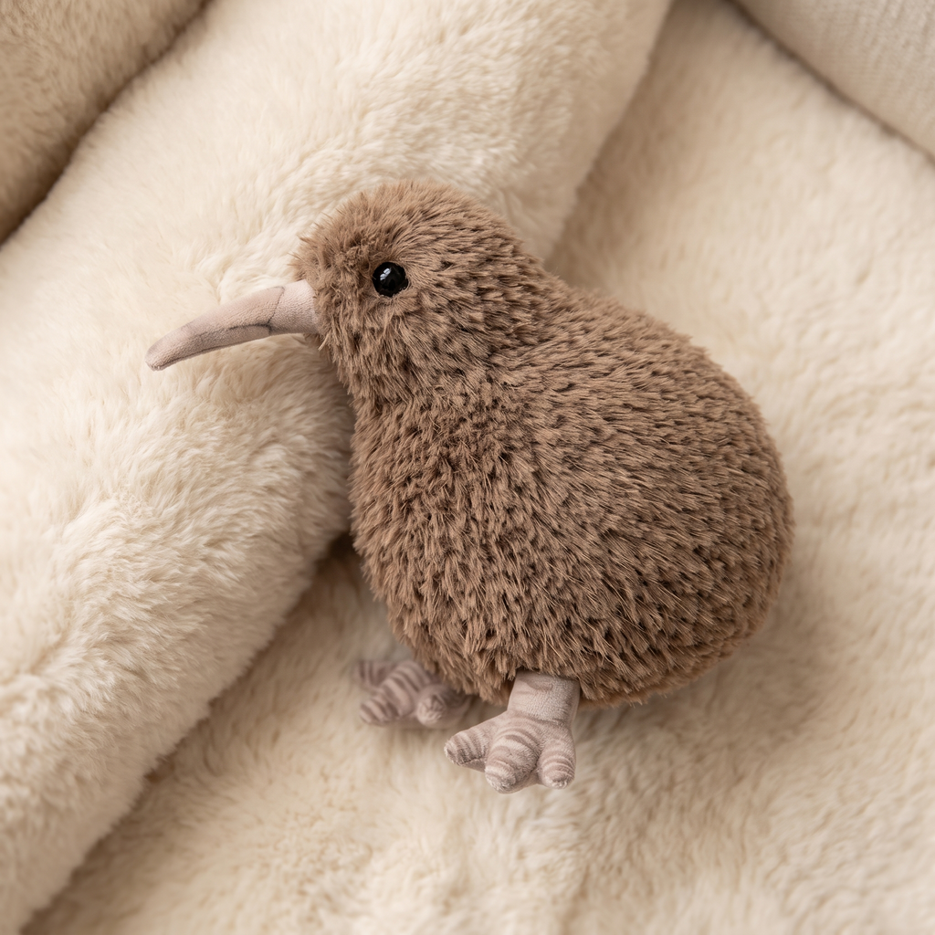 Graues Kiwi Kuscheltier struppiges Plüschfell - Detailansicht Material