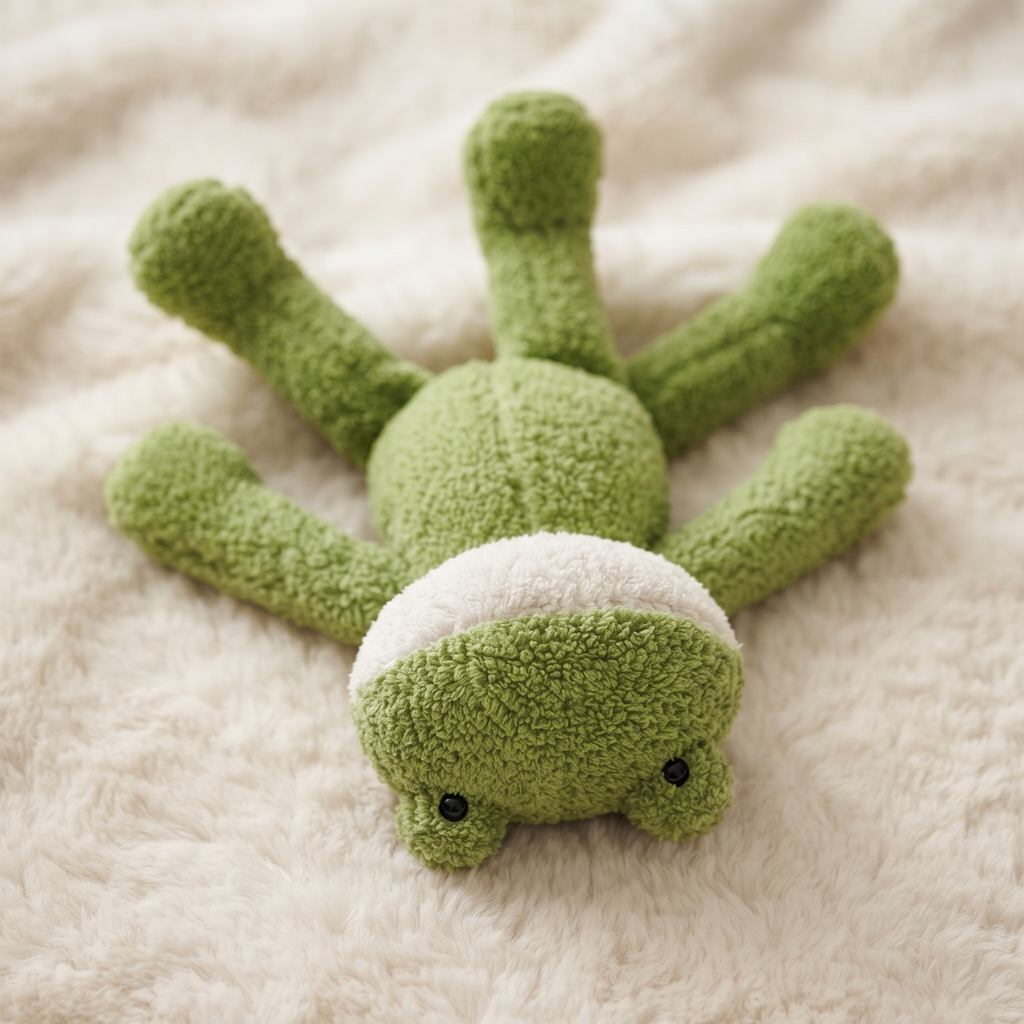 Grüner Frosch Kuscheltier mit langen Beinen weich - Detailansicht Material