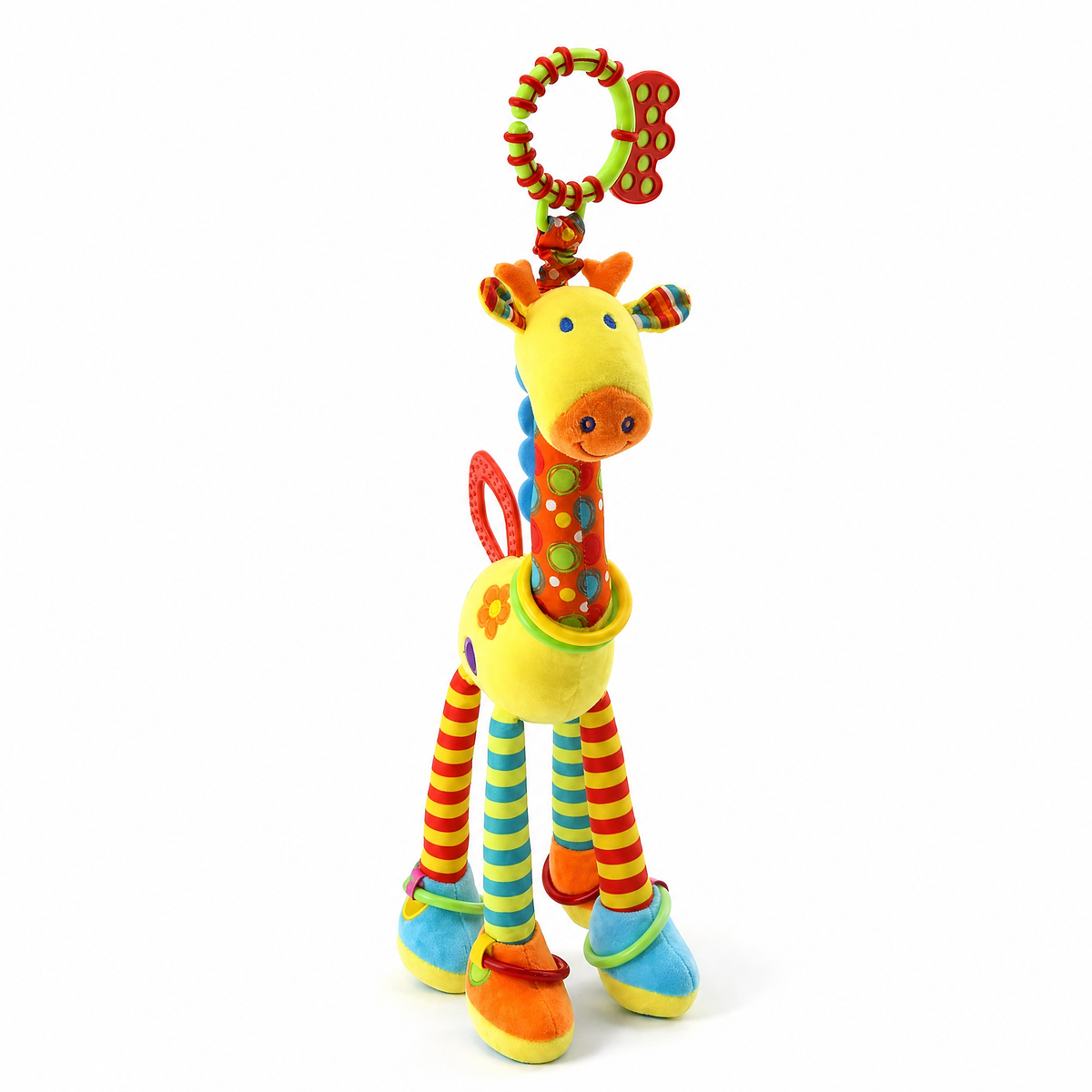 Giraffe Greifling Rassel mit Beißring - Weißer Hintergrund frontal