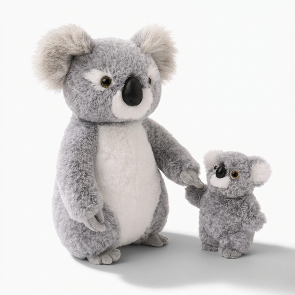 Koala Kuscheltier mit Baby auf dem Arm - Weißer Hintergrund seitlich