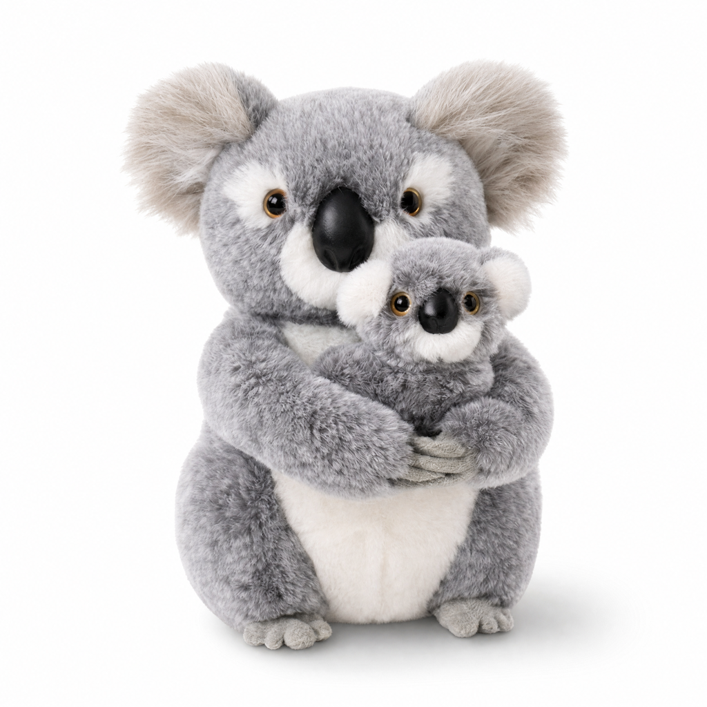 Koala Kuscheltier mit Baby auf dem Arm - Weißer Hintergrund frontal