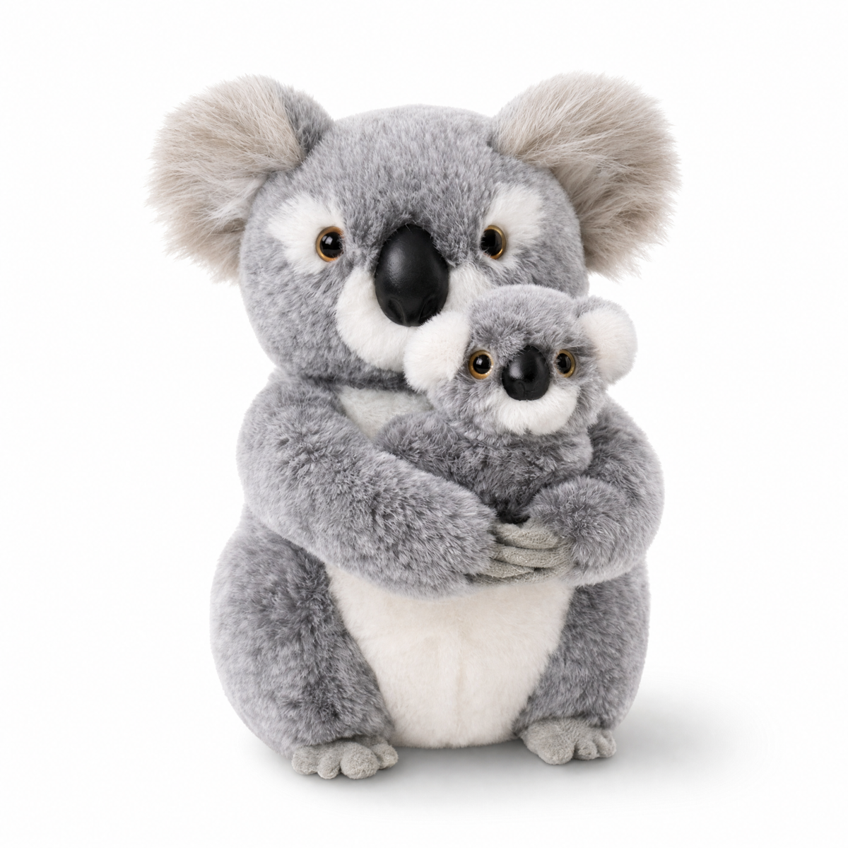 Koala Kuscheltier mit Baby auf dem Arm - Weißer Hintergrund frontal
