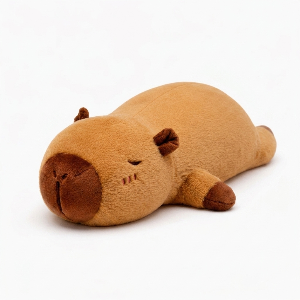 Plüschkissen Capybara liegend weich - Seitenansicht auf weißem Hintergrund