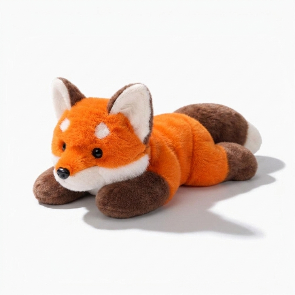 Liegendes Fuchs Kuscheltier in hellem Orange und Weiß - Weißer Hintergrund seitlich