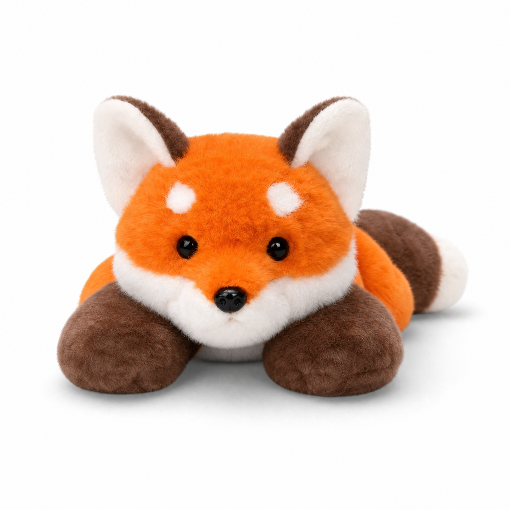 Liegendes Fuchs Kuscheltier in hellem Orange und Weiß - Weißer Hintergrund frontal