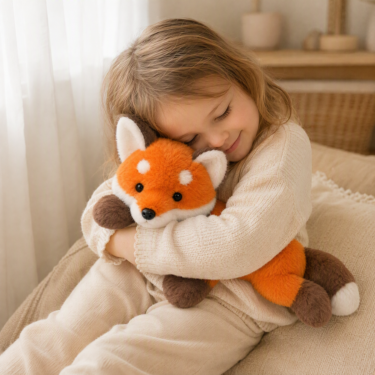 Liegendes Fuchs Kuscheltier in hellem Orange und Weiß - Verwendung gemütliches Interieur