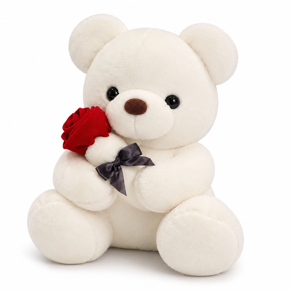 Teddybär Kuscheltier mit roter Rose zum Valentinstag - Weiß