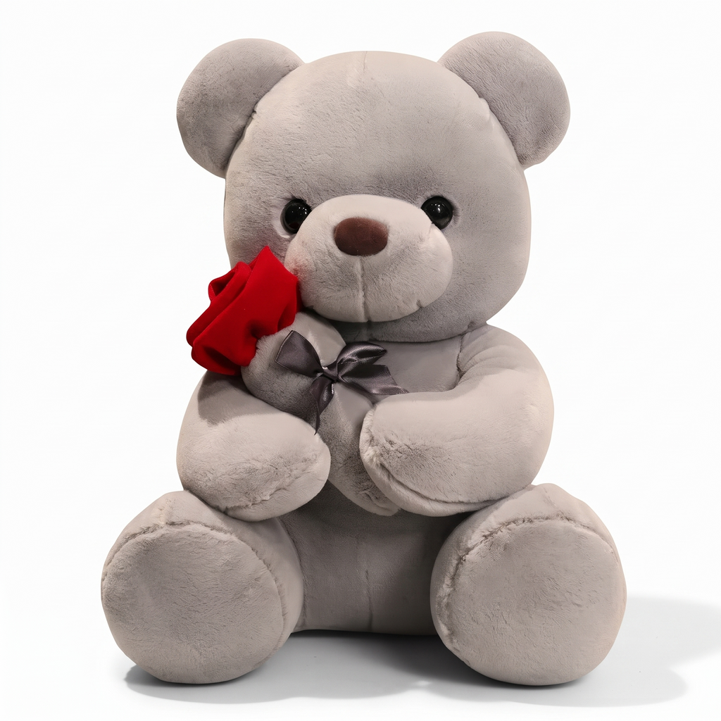 Teddybär Kuscheltier mit roter Rose zum Valentinstag - weißer Hintergrund Frontalansicht