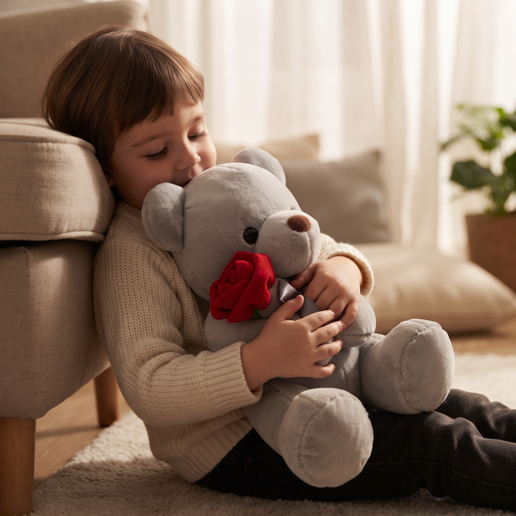 Teddybär Kuscheltier mit roter Rose zum Valentinstag - Verwendung in gemütlichem Interieur