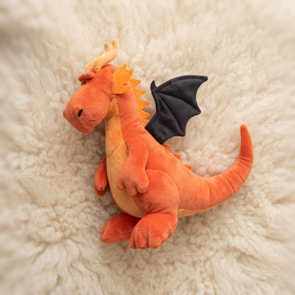 Orangefarbenes Drachen-Kuscheltier mit schwarzen Flügeln - Detailansicht Material
