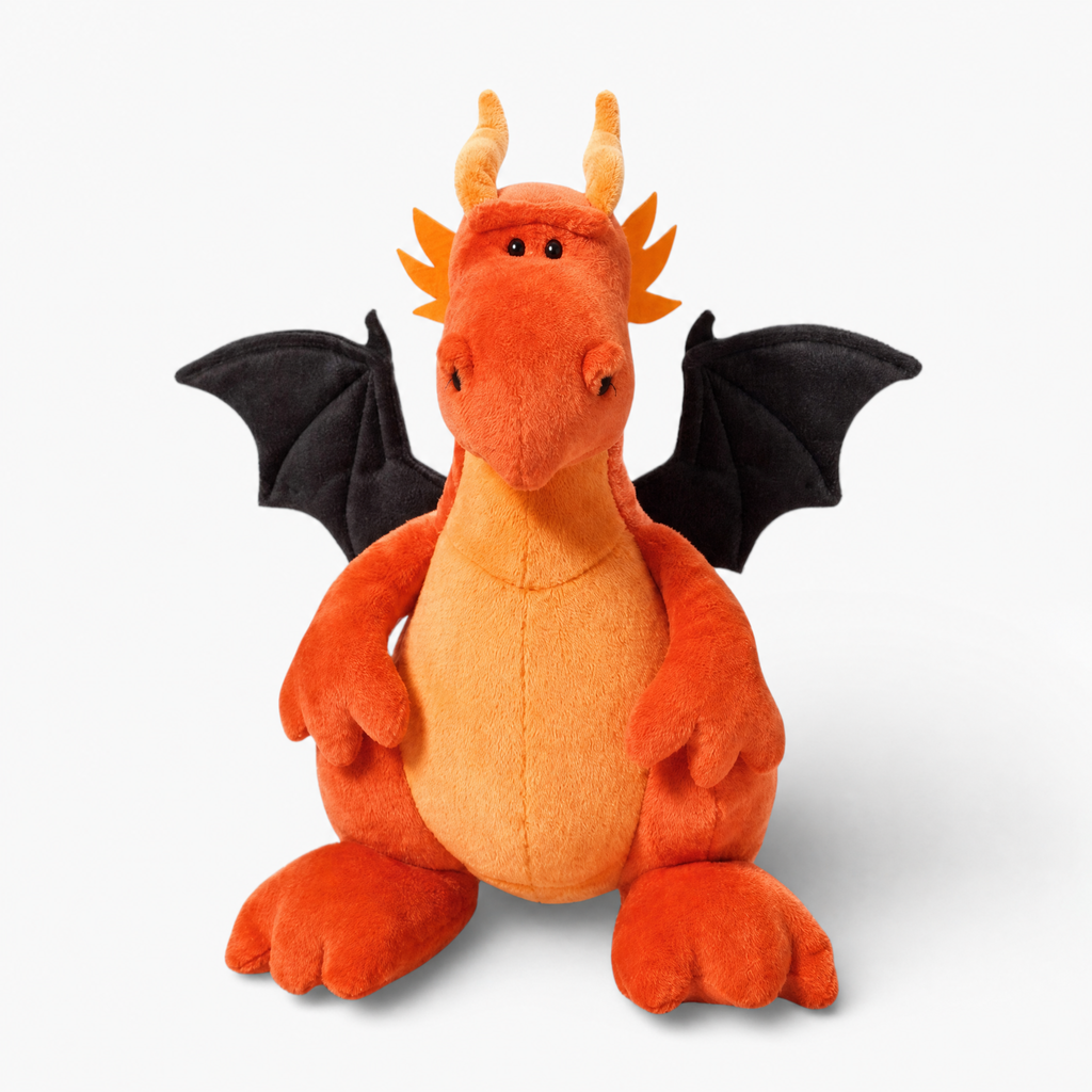 Orangefarbenes Drachen-Kuscheltier mit schwarzen Flügeln - Weißer Hintergrund frontal