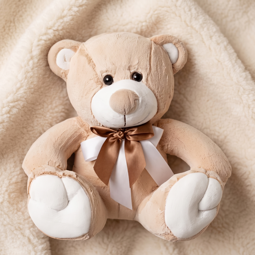 Beige-weißer Teddybär Kuscheltier mit goldener Schleife - Material-Detail