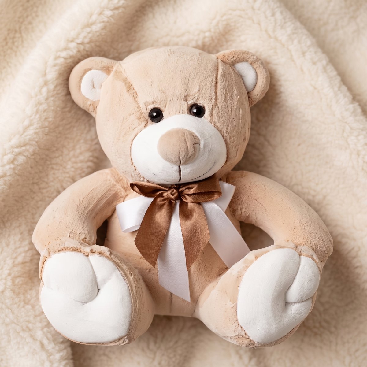 Beige-weißer Teddybär Kuscheltier mit goldener Schleife - Material-Detail