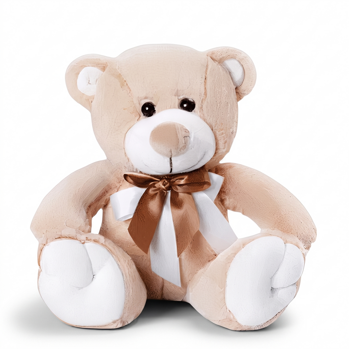 Beige-weißer Teddybär Kuscheltier mit goldener Schleife - Weißer Hintergrund Frontal