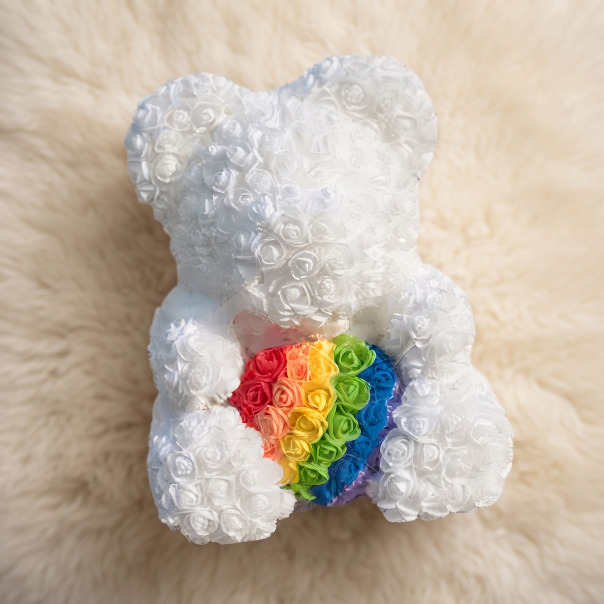Rosenbär Kuscheltier Weiß mit Regenbogenherz 40 cm - Detailaufnahme Material
