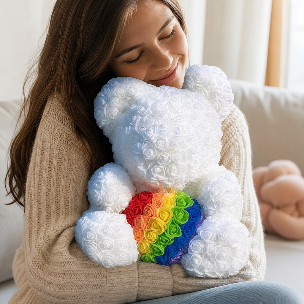Rosenbär Kuscheltier Weiß mit Regenbogenherz 40 cm - Verwendung in gemütlichem Interieur