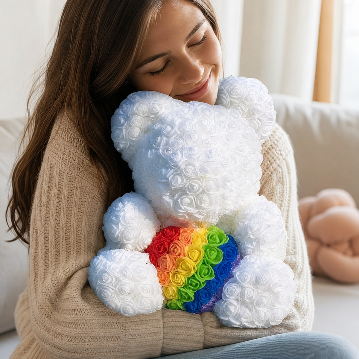 Rosenbär Kuscheltier Weiß mit Regenbogenherz 40 cm - Verwendung in gemütlichem Interieur