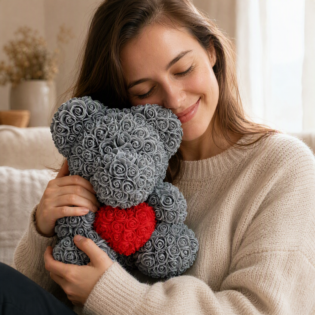 Grauer Rosen-Teddybär Kuscheltier mit rotem Herz - Gemütliche Nutzung im Innenbereich