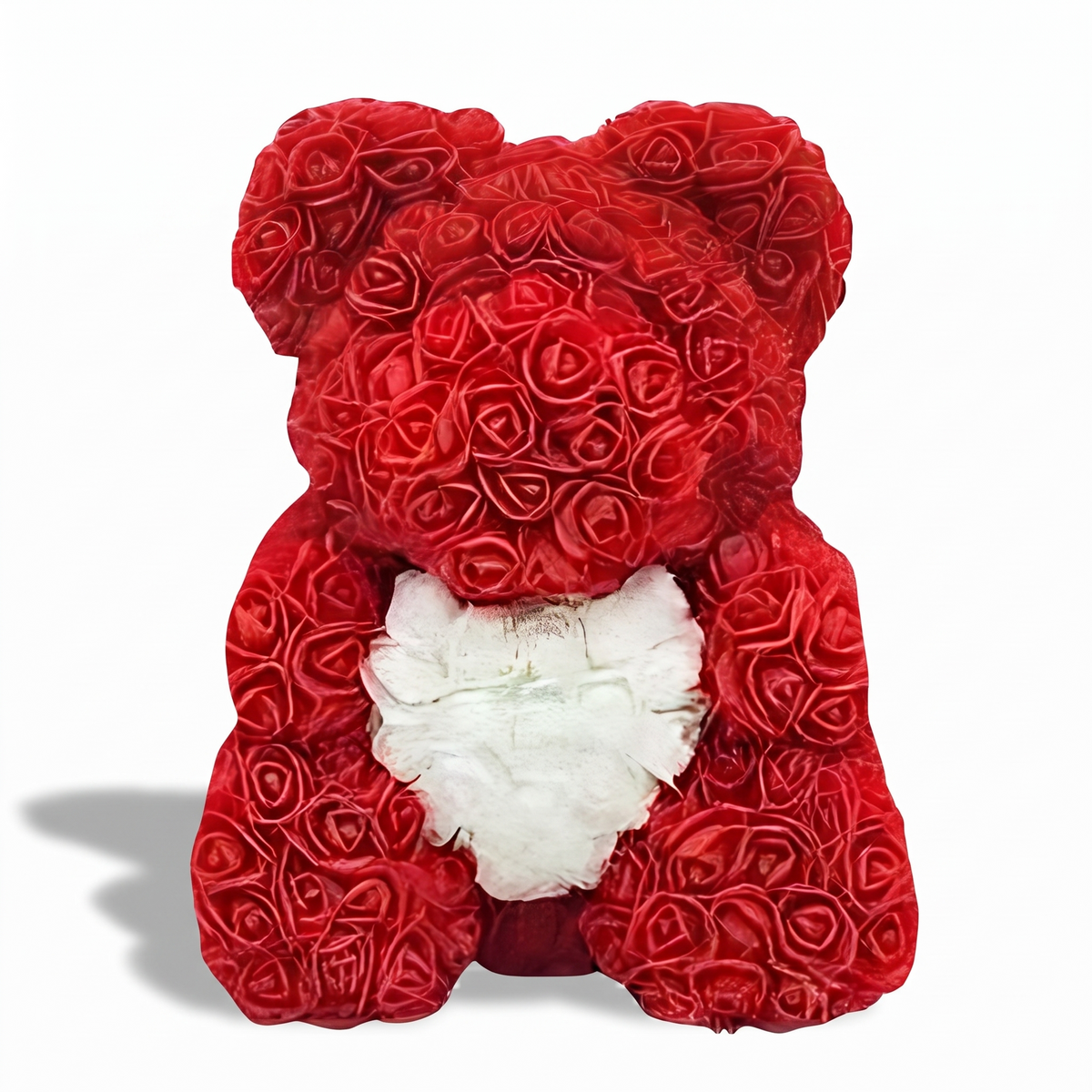 Rosenbär Rot mit weißem Herz 40cm - Frontalansicht auf weißem Hintergrund