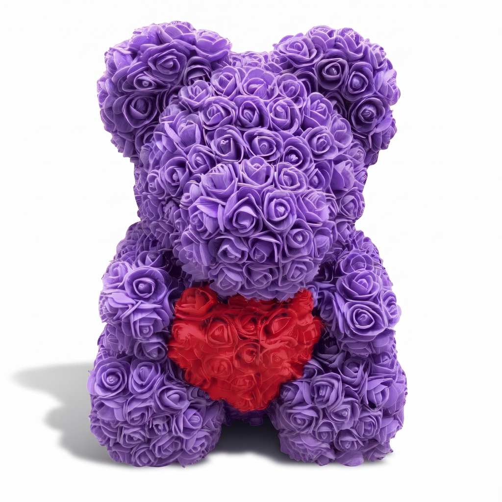 Rosenbär Kuscheltier Violett mit rotem Herz - weißer Hintergrund Frontalansicht