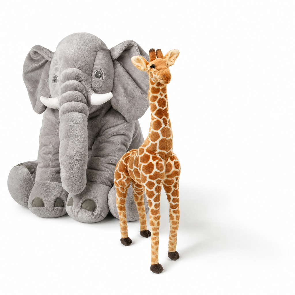 Elefant und Giraffe Kuscheltier-Set Savanne - Weißer Hintergrund frontal