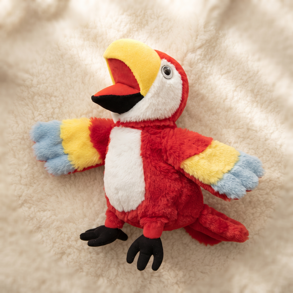 Papagei Handpuppe Kuscheltier für Kinder - Detailansicht Material