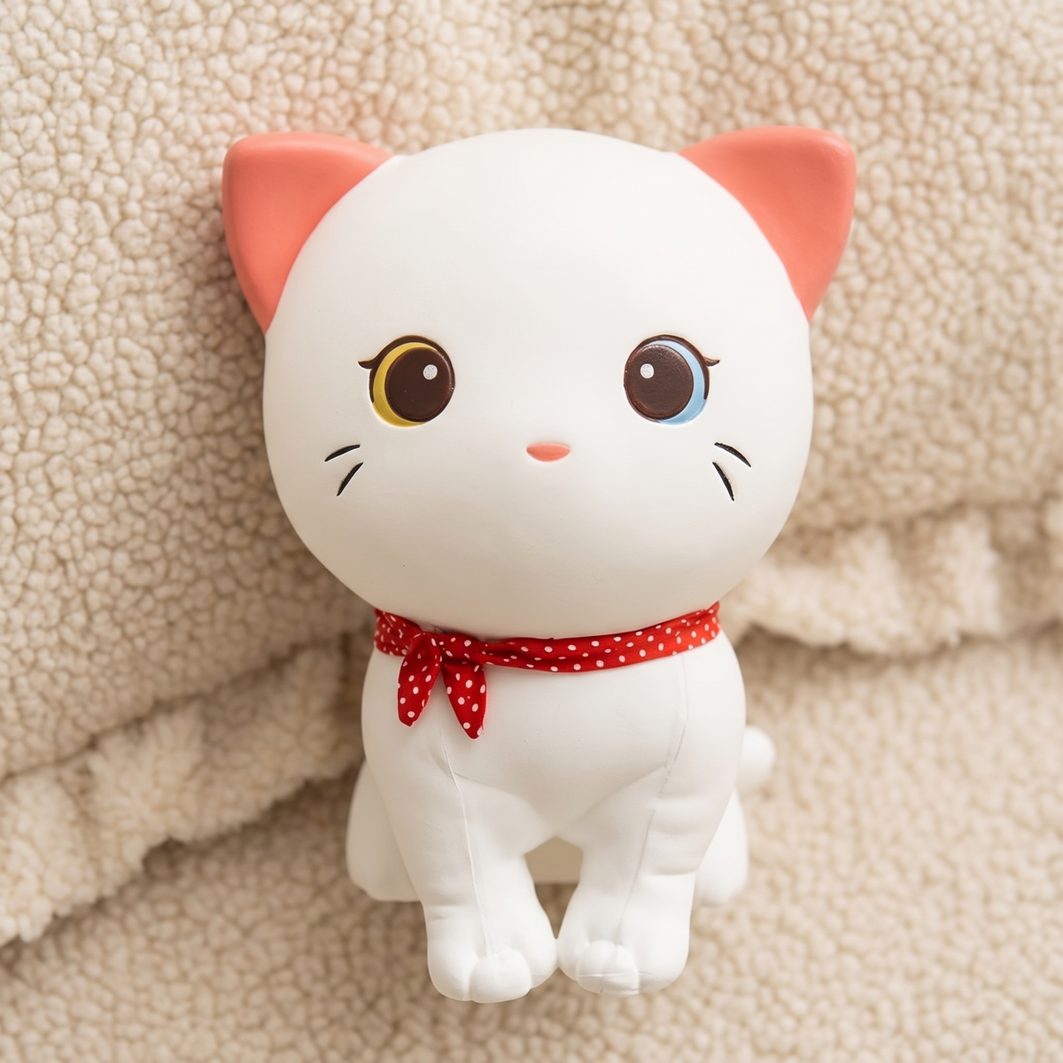 Weiße Katze Kuscheltier mit verschiedenfarbigen Augen und Halstuch - Detail Material