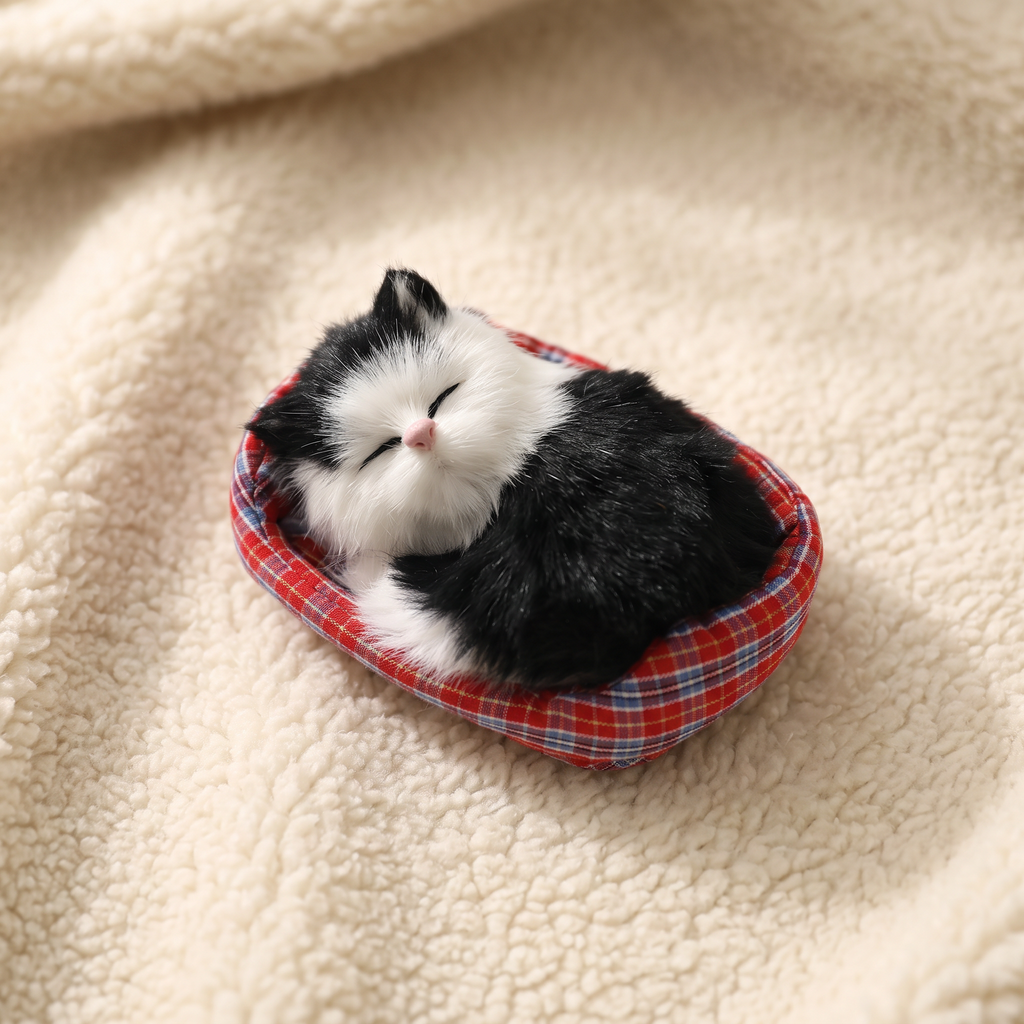 Schlafende Katze Kuscheltier mit Deko-Körbchen - Detail Material