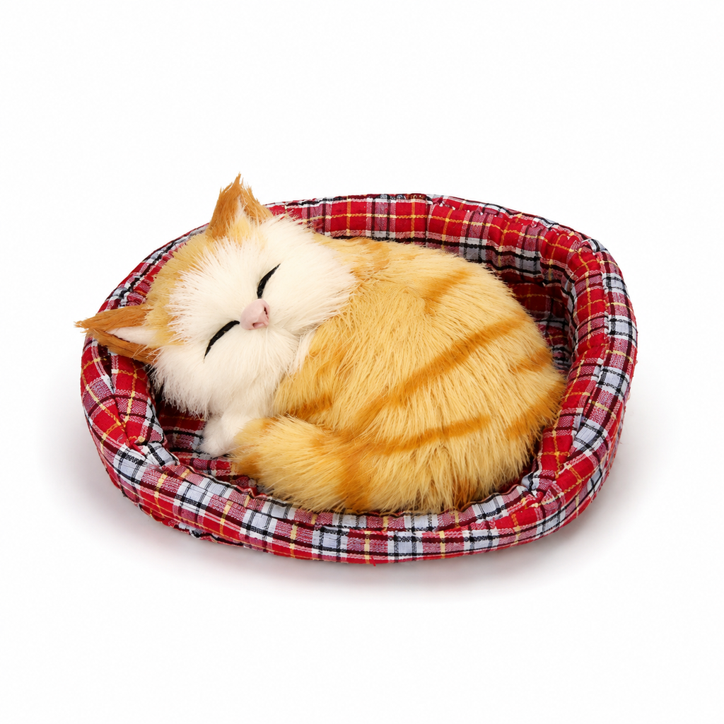Schlafende Katze Kuscheltier mit Deko-Körbchen - Modell 2