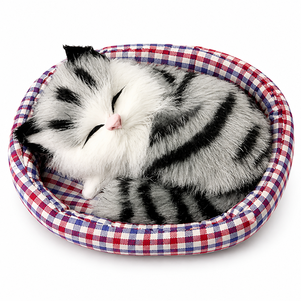Schlafende Katze Kuscheltier mit Deko-Körbchen - Modell 4