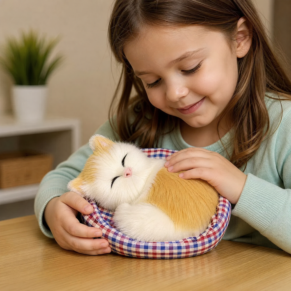 Schlafende Katze Kuscheltier mit Deko-Körbchen - Verwendung gemütlich drinnen