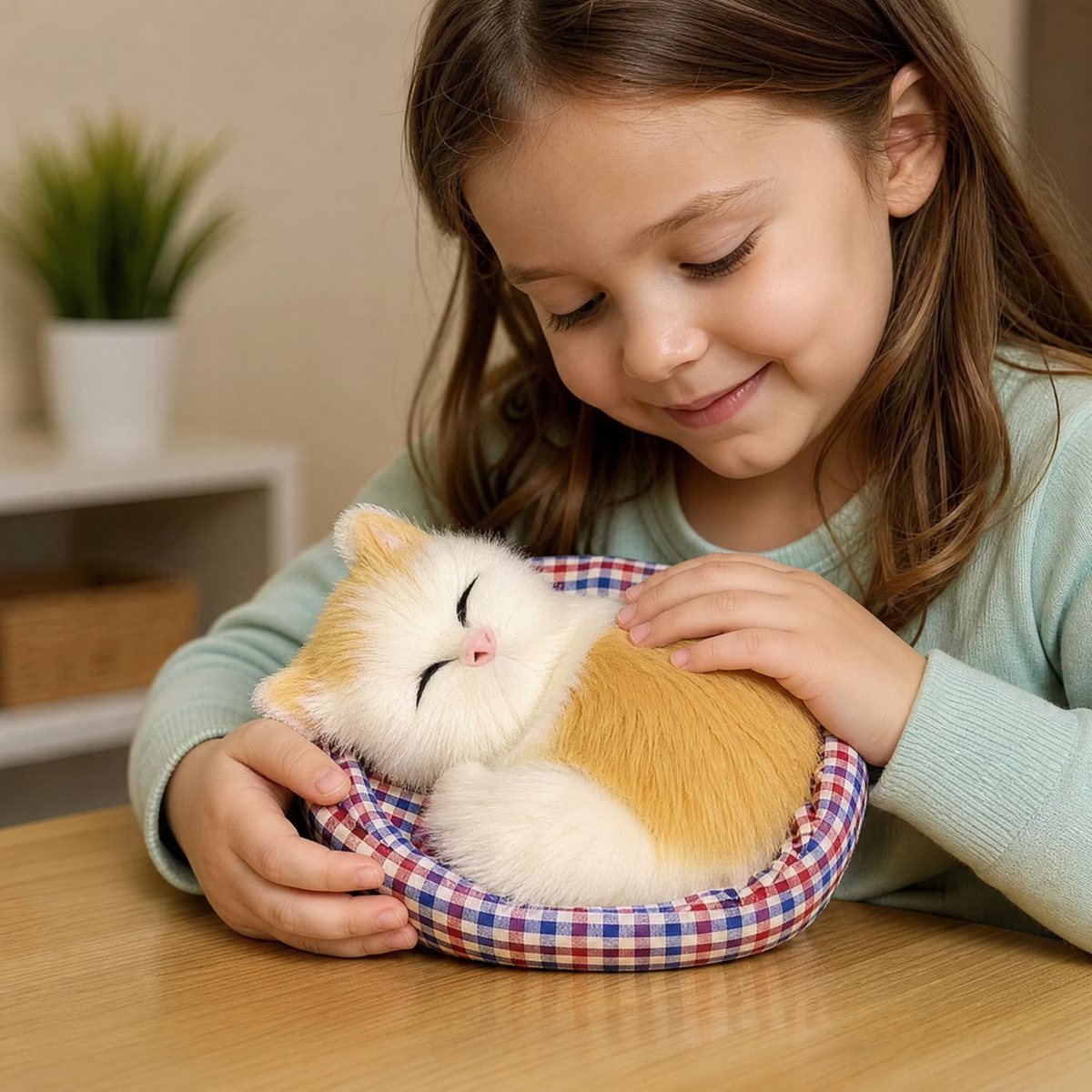 Schlafende Katze Kuscheltier mit Deko-Körbchen - Verwendung gemütlich drinnen