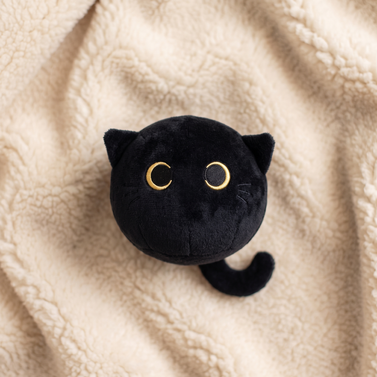 Schwarze Katze Kuscheltier mit großen Augen - Detail Material