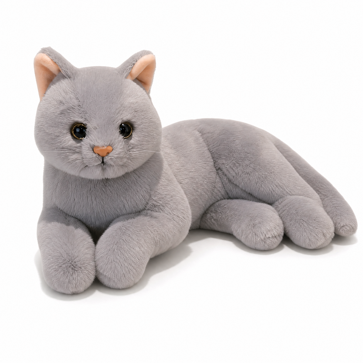 Graue Katze Kuscheltier realistisch 30 cm - Frontalansicht auf weißem Hintergrund