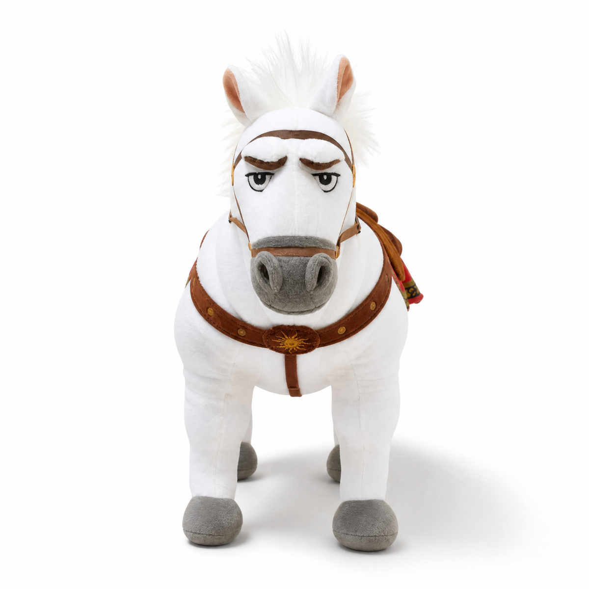 Weißes Pferd Kuscheltier Maximus mit Zaumzeug - Frontalansicht auf weißem Hintergrund