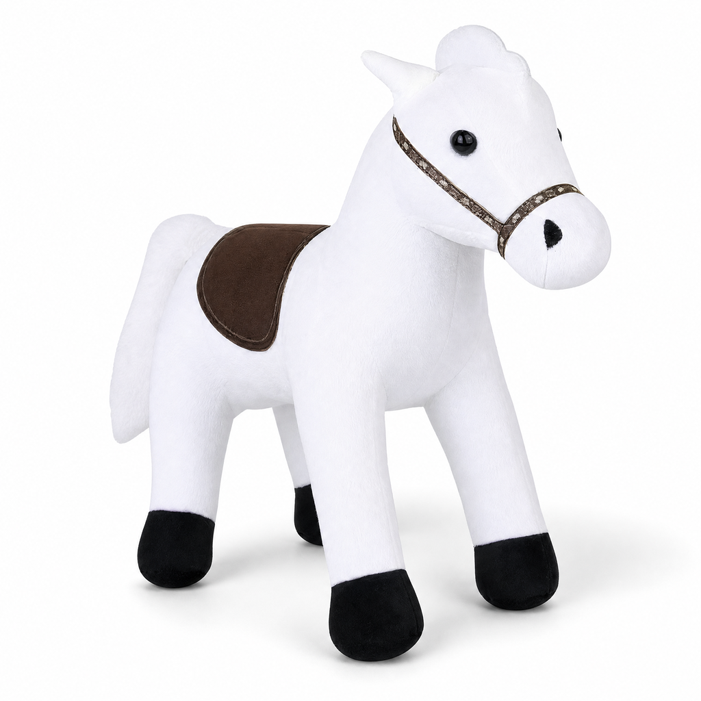 Weißes Pferd Kuscheltier mit braunem Sattel 35 cm - Frontalansicht auf weißem Hintergrund