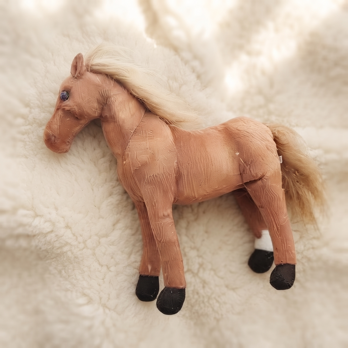 Braunes Pferd Kuscheltier naturgetreu mit blonder Mähne - Detailansicht Material