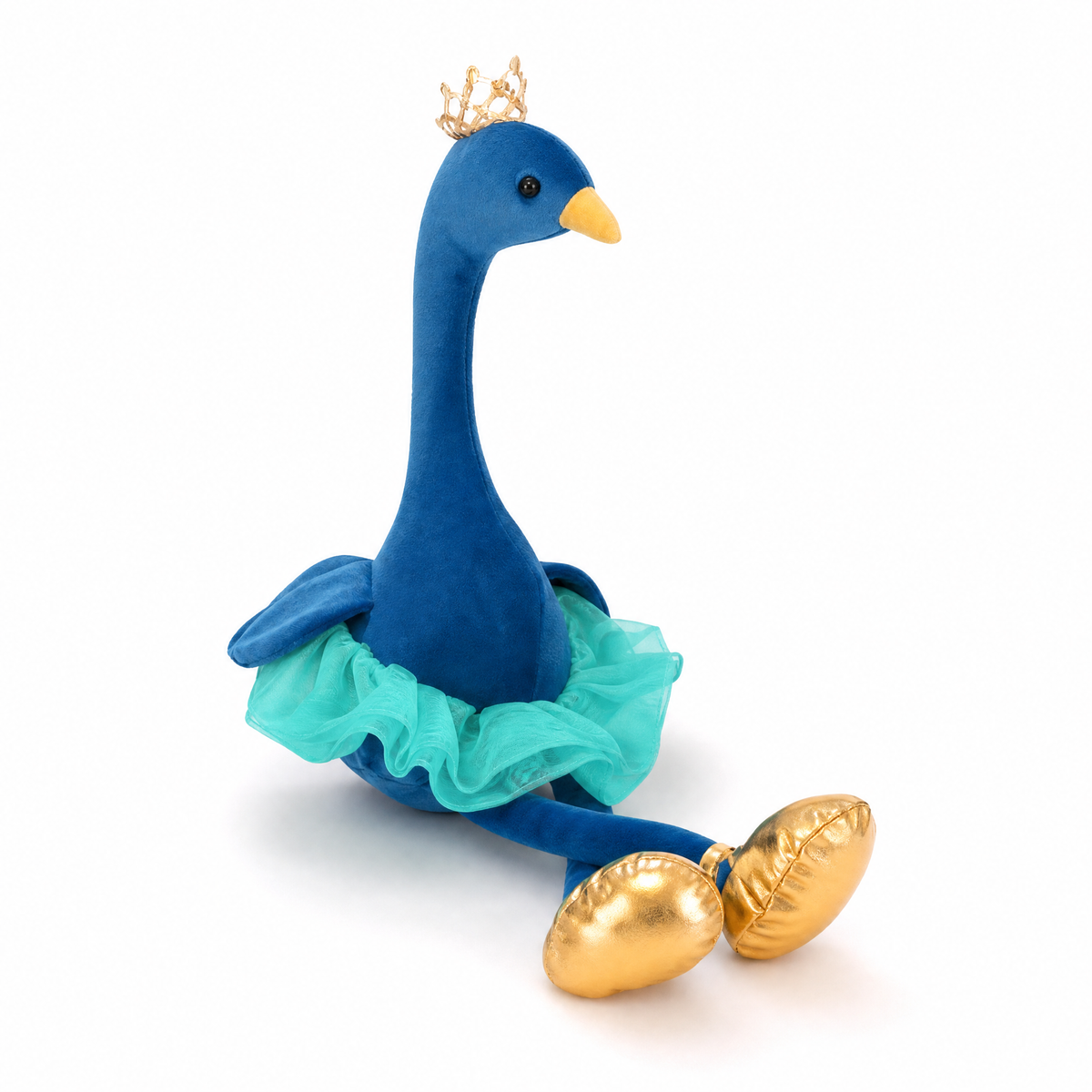 Blauer Flamingo Kuscheltier mit goldener Krone - Weißer Hintergrund frontal