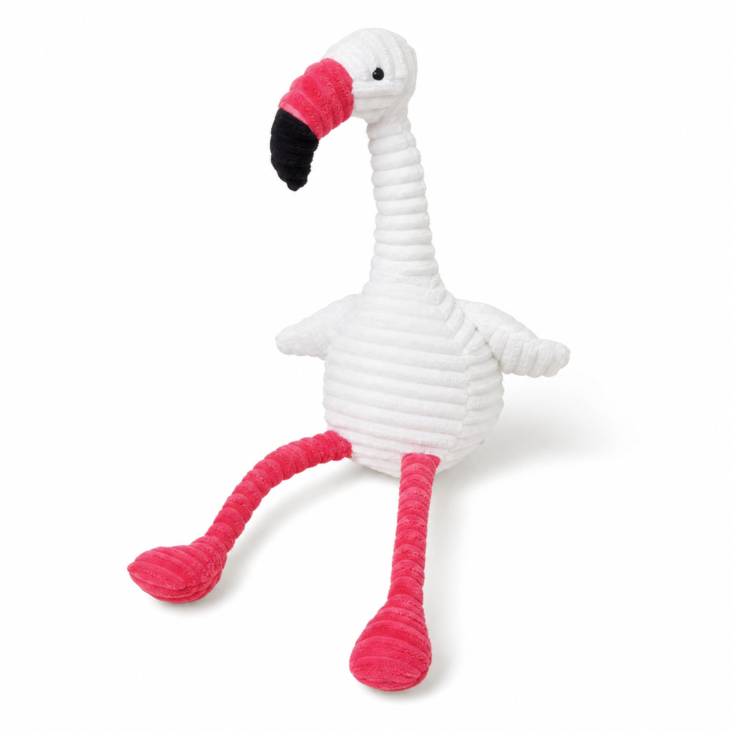 Kuscheltier Flamingo Cord-Baumwolle Weiß - Frontalansicht auf weißem Hintergrund