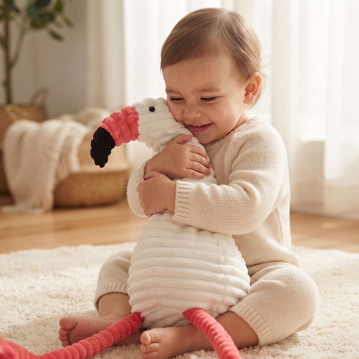 Kuscheltier Flamingo Cord-Baumwolle Weiß - Gemütliche Anwendung im Innenbereich