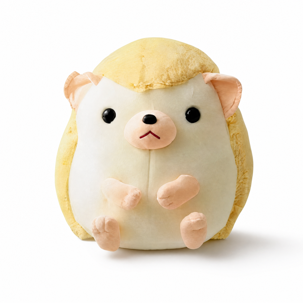 Igel Kuscheltier Kawaii, Gelb und Beige - Frontalansicht auf weißem Hintergrund